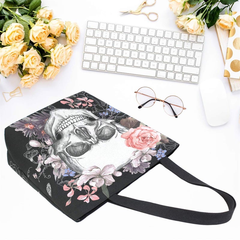 Naanle Day of The Dead Canvas Tote Bag - Large Women's Casual Shoulder Handbag, Floral Skull Reusable Multipurpose Heavy Duty Shopping Grocery Cotton Bag for Outdoors - Image 4